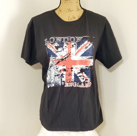 Club Tops - CLUB London England Distressed graphic tee Lg flag Union Jack British Invasion